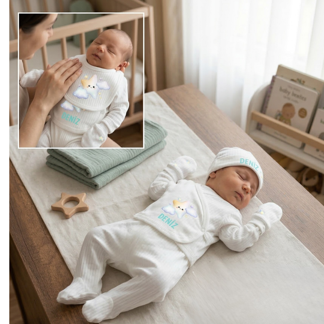 Kişiye Özel İsimli Unisex 5'li Bebek Hastane Çıkış Seti Yıldız %100 Pamuk
