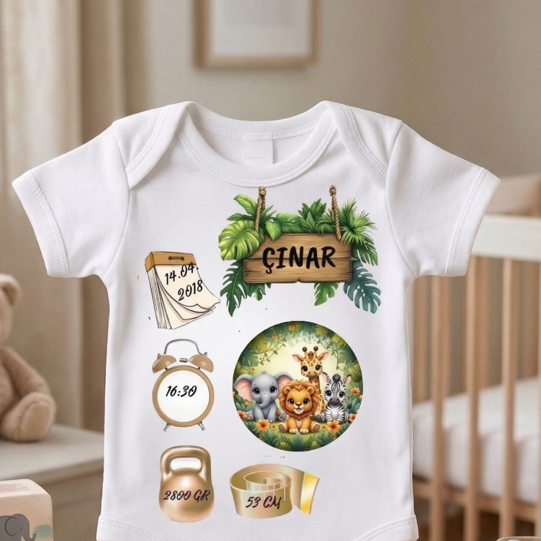 İsimli ve Doğum Bilgili Bebek Hatıra Zıbını Erkek Bebek Safari