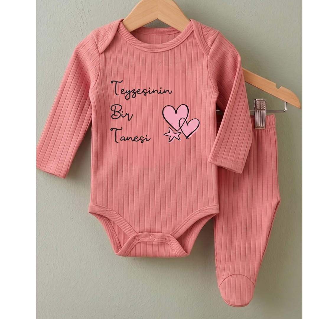 Teyzesinin Bir Tanesi Yazılı Hastane Çıkışı 2 li Bebek Takım Teyze Temalı %100 Pamuk Somon