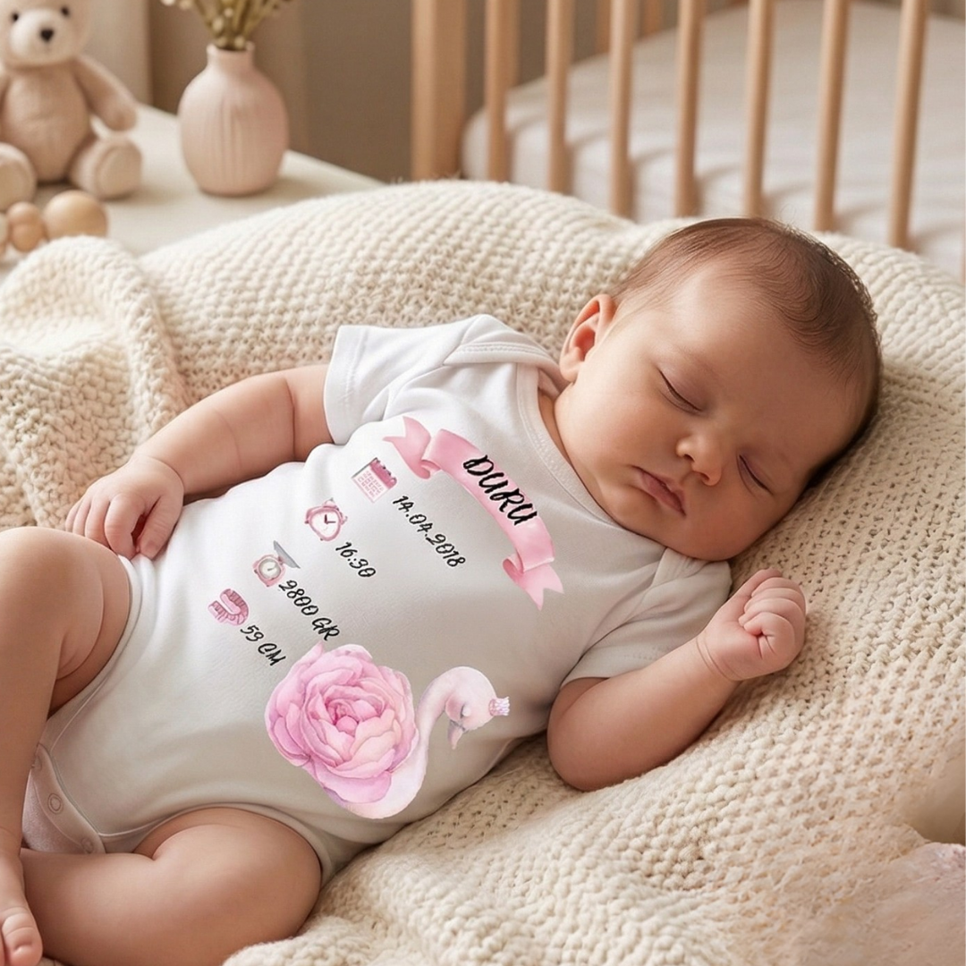 İsimli ve Doğum Bilgili Bebek Hatıra Zıbını Kız Bebek Kuğu