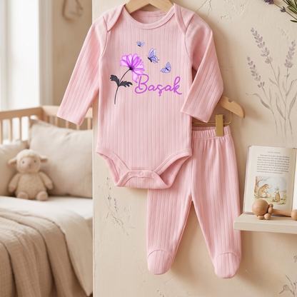 İsimli Kişiye Özel Yenidoğan Hastane Çıkışı 2 li Bebek Takım %100 Pamuk Zıbın ve Pantalon Kız Bebek