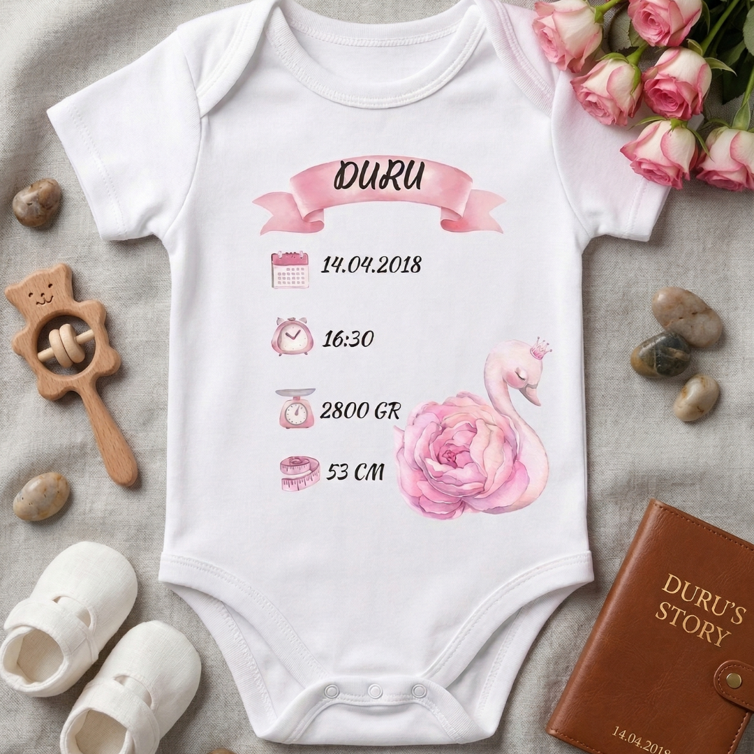 İsimli ve Doğum Bilgili Bebek Hatıra Zıbını Kız Bebek Kuğu