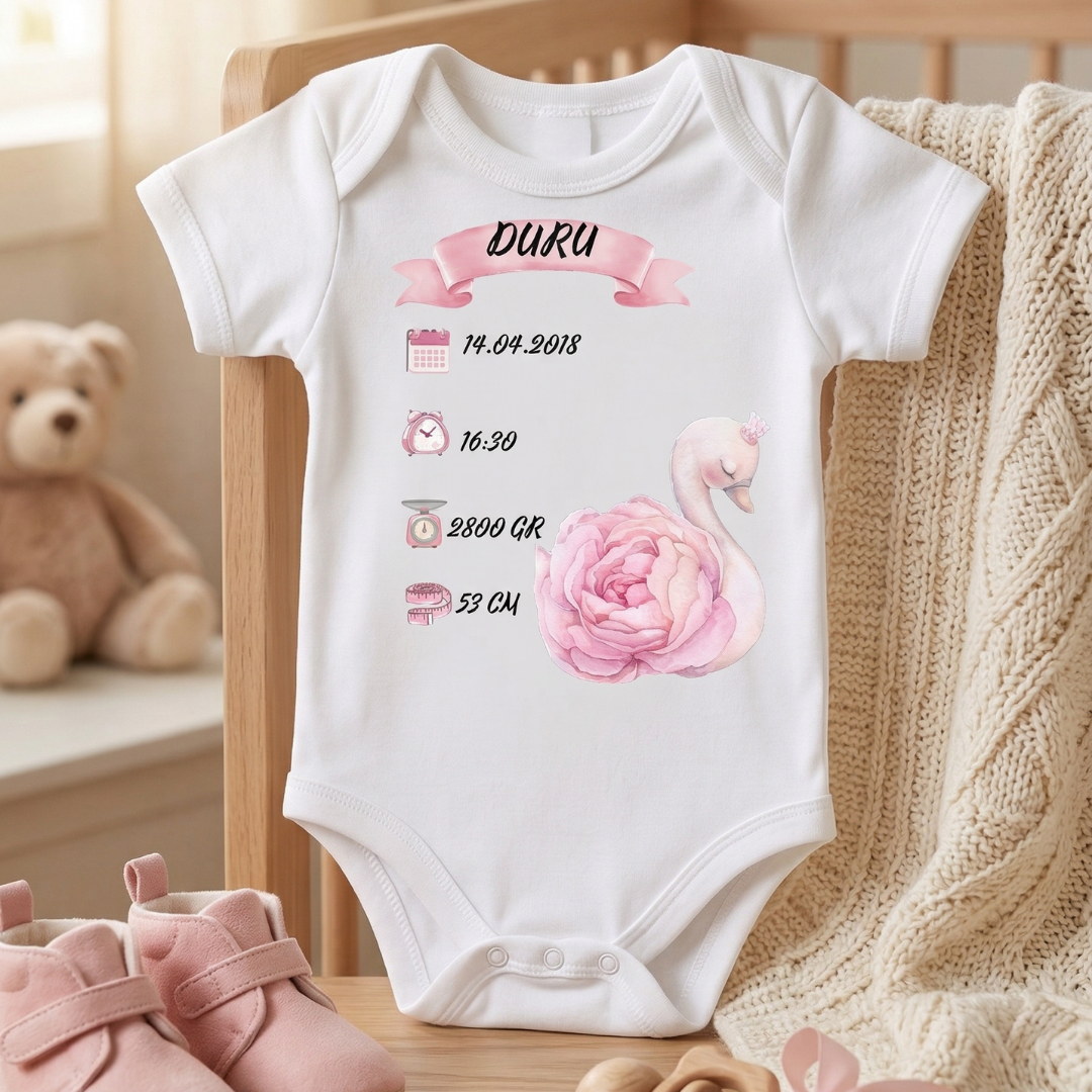 İsimli ve Doğum Bilgili Bebek Hatıra Zıbını Kız Bebek Kuğu