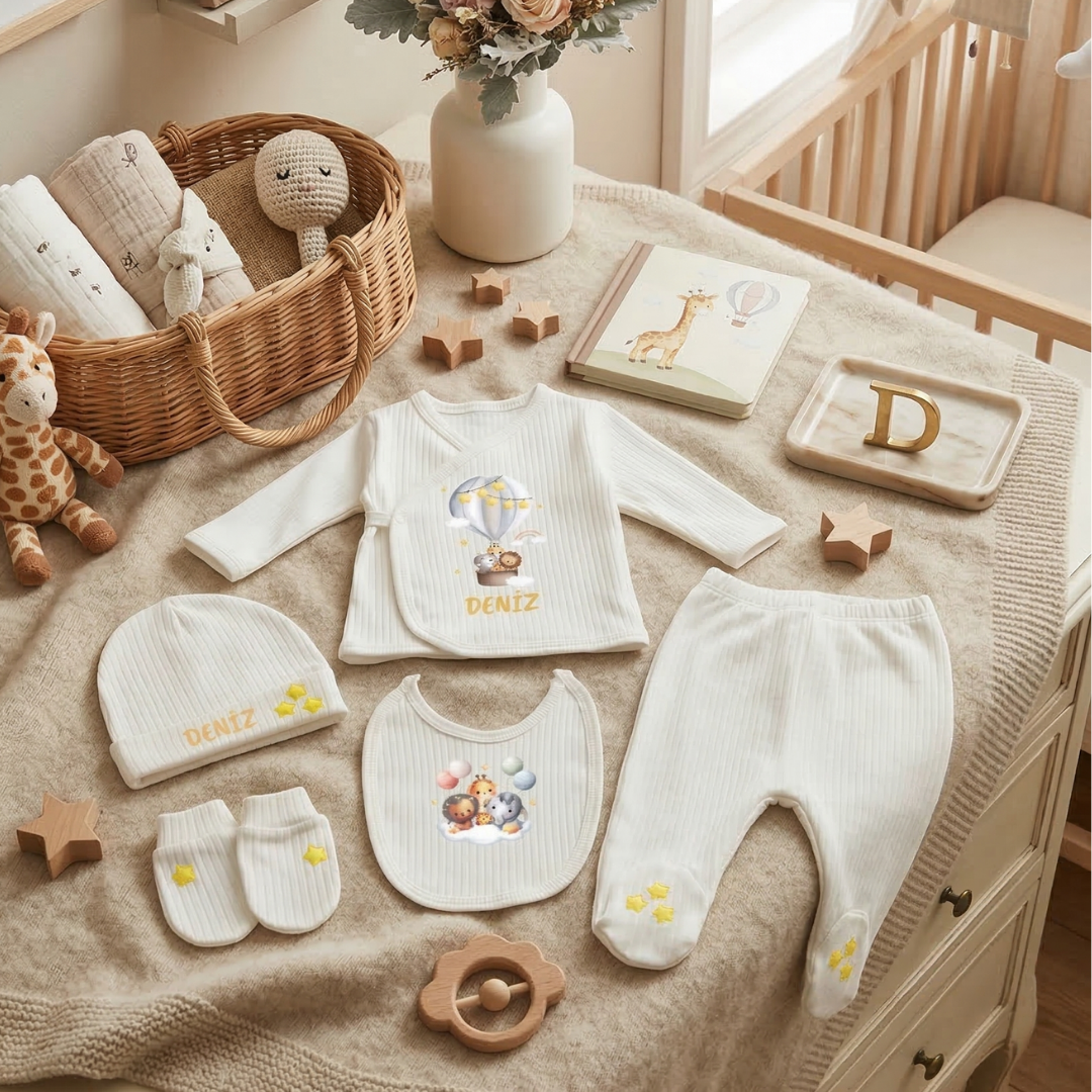Kişiye Özel İsimli Unisex 5'li Bebek Hastane Çıkış Seti Safari Temalı %100 Pamuk