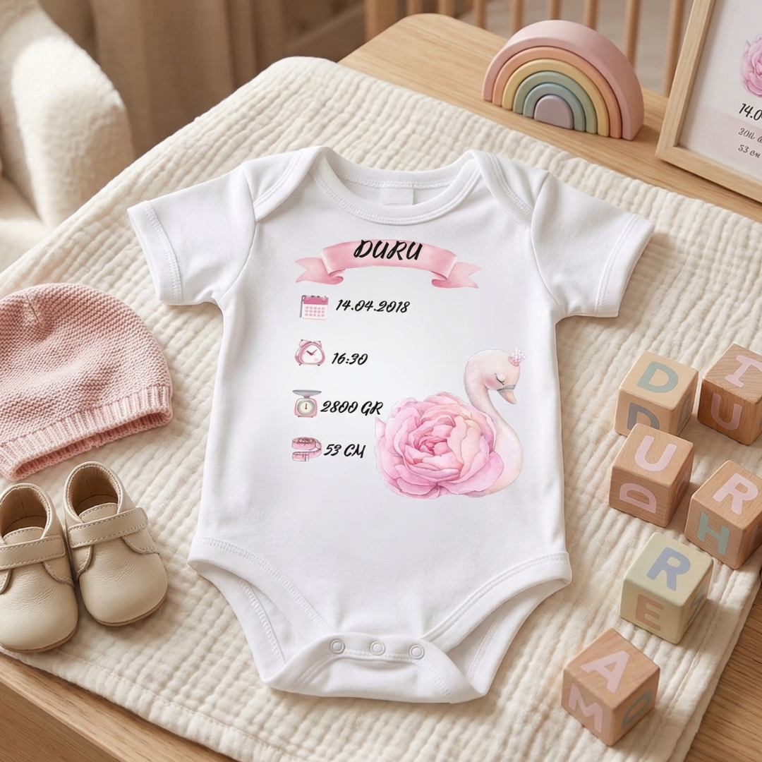 İsimli ve Doğum Bilgili Bebek Hatıra Zıbını Kız Bebek Kuğu