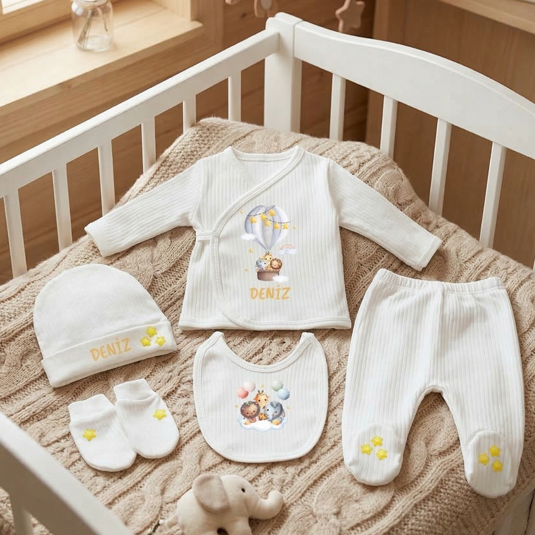 Kişiye Özel İsimli Unisex 5'li Bebek Hastane Çıkış Seti Safari Temalı %100 Pamuk