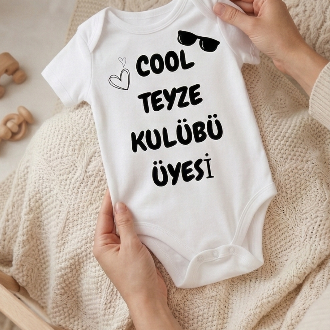 Cool Teyze Klubü Üyesi Teyzem Temalı Komik Tasarımlı Bebek Body %100 Pamuk Zıbın