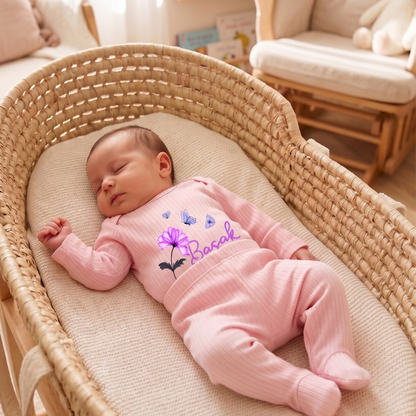 İsimli Kişiye Özel Yenidoğan Hastane Çıkışı 2 li Bebek Takım %100 Pamuk Zıbın ve Pantalon Kız Bebek