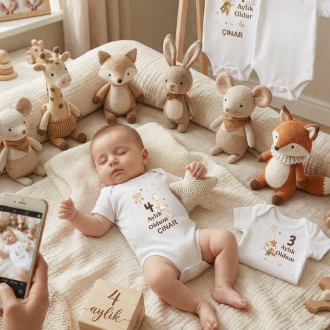 İsme Özel 12'li Aylık Bebek Hatıra Seti - Fotoğraf Çekim Zıbınları -Model4