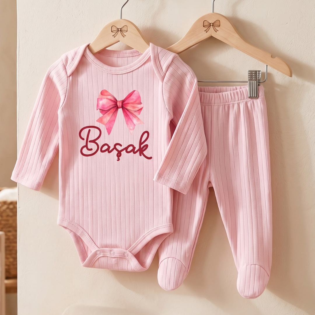 İsimli Kişiye Özel Yenidoğan Hastane Çıkışı 2 li Bebek Takım %100 Pamuk Zıbın ve Pantalon Kız Bebek