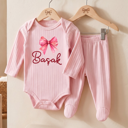 İsimli Kişiye Özel Yenidoğan Hastane Çıkışı 2 li Bebek Takım %100 Pamuk Zıbın ve Pantalon Kız Bebek