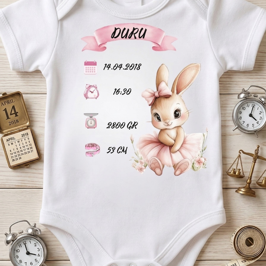 İsimli ve Doğum Bilgili Bebek Hatıra Zıbını Kız Bebek Tavşan Temalı