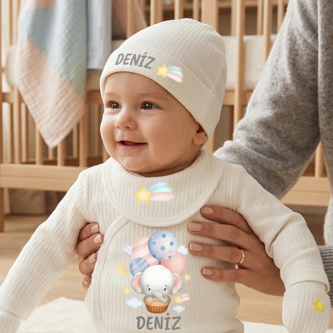 Kişiye Özel İsimli Unisex 5'li Bebek Hastane Çıkış Seti Uçan Balon %100 Pamuk