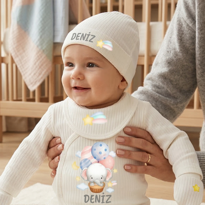Kişiye Özel İsimli Unisex 5'li Bebek Hastane Çıkış Seti Uçan Balon %100 Pamuk