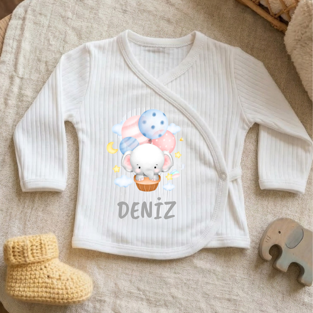Kişiye Özel İsimli Unisex 5'li Bebek Hastane Çıkış Seti Uçan Balon %100 Pamuk