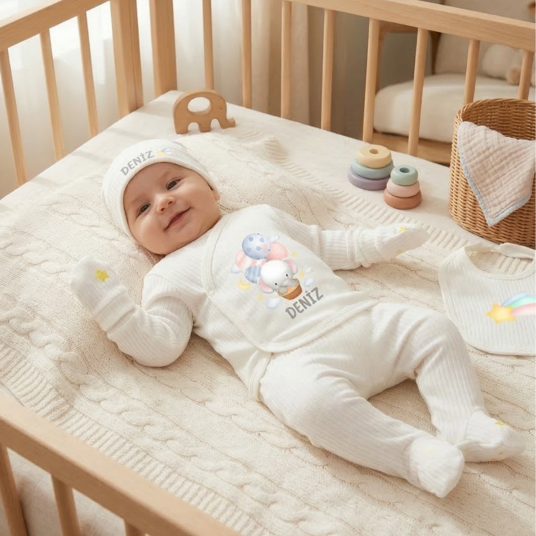 Kişiye Özel İsimli Unisex 5'li Bebek Hastane Çıkış Seti Uçan Balon %100 Pamuk