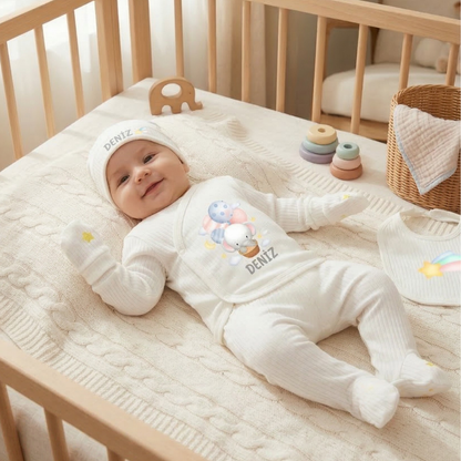 Kişiye Özel İsimli Unisex 5'li Bebek Hastane Çıkış Seti Uçan Balon %100 Pamuk