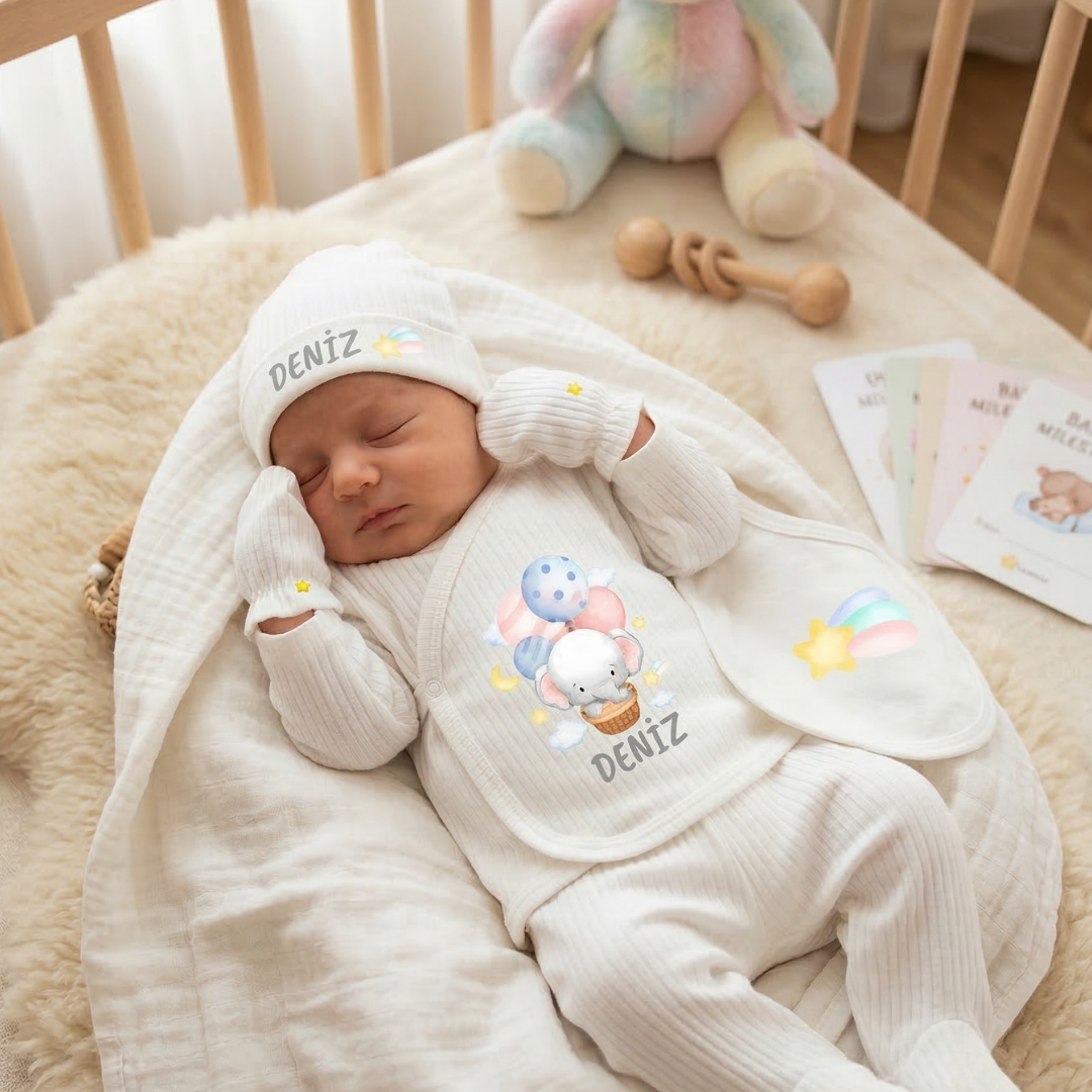 Kişiye Özel İsimli Unisex 5'li Bebek Hastane Çıkış Seti Uçan Balon %100 Pamuk