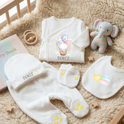 Kişiye Özel İsimli Unisex 5'li Bebek Hastane Çıkış Seti Uçan Balon %100 Pamuk