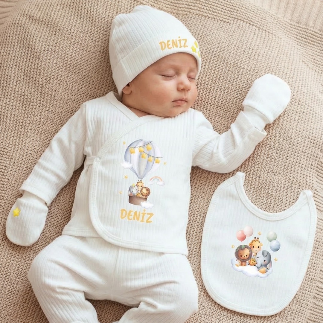 Kişiye Özel İsimli Unisex 5'li Bebek Hastane Çıkış Seti Safari Temalı %100 Pamuk