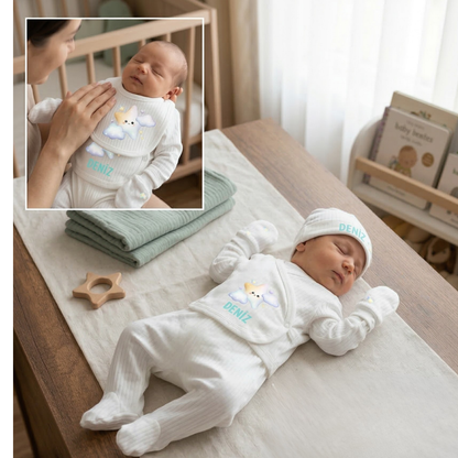 Kişiye Özel İsimli Unisex 5'li Bebek Hastane Çıkış Seti Yıldız %100 Pamuk