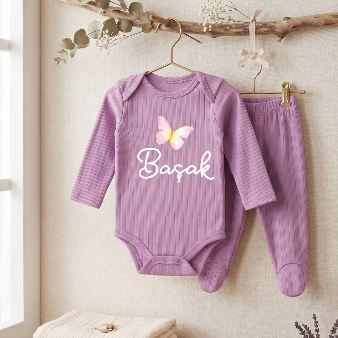 İsimli Kişiye Özel Yenidoğan Hastane Çıkışı 2 li Bebek Takım %100 Pamuk Zıbın ve Pantalon Kız Bebek