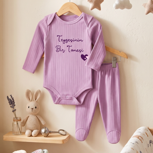 Teyzesinin Bir Tanesi Yazılı Hastane Çıkışı 2 li Bebek Takım Teyze Temalı %100 Pamuk Mor