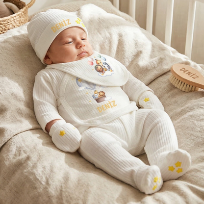 Kişiye Özel İsimli Unisex 5'li Bebek Hastane Çıkış Seti Safari Temalı %100 Pamuk