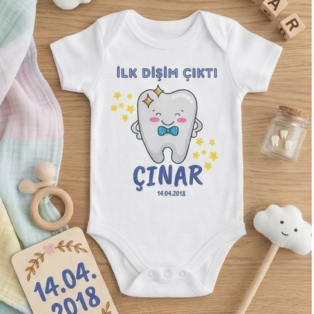 İsim Yazılı İlk Dişim Çıktı Diş Buğdayı Partisi Zıbını - %100 Pamuklu Bebek Body