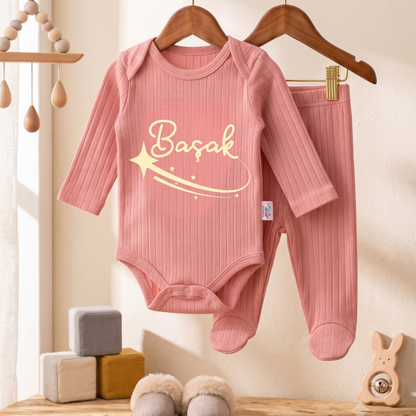 İsimli Kişiye Özel Yenidoğan Hastane Çıkışı 2 li Bebek Takım %100 Pamuk Zıbın ve Pantalon Kız Bebek