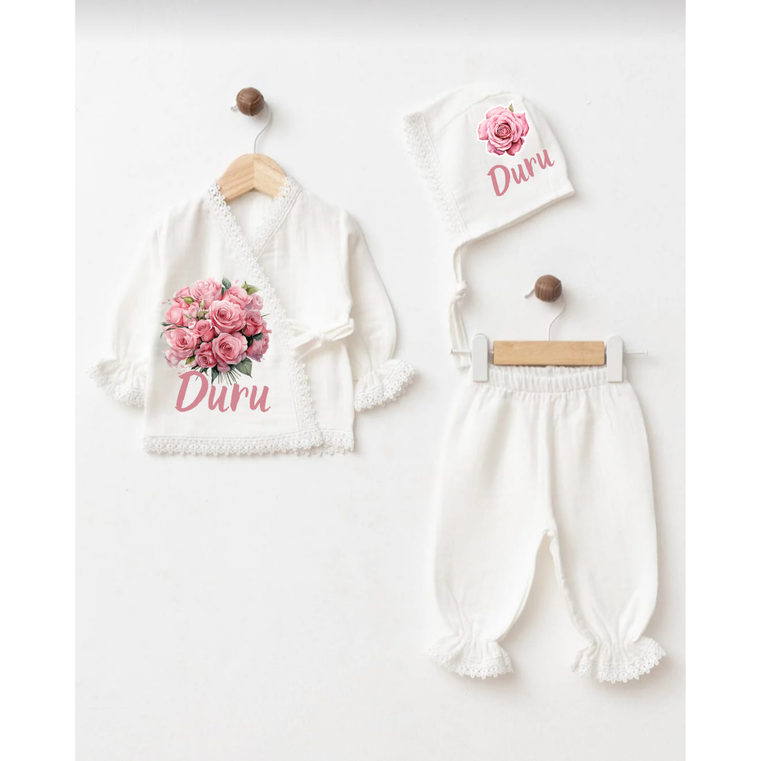 İsimli Kız Bebek Hastane Çıkışı Müslin Set 3 lü