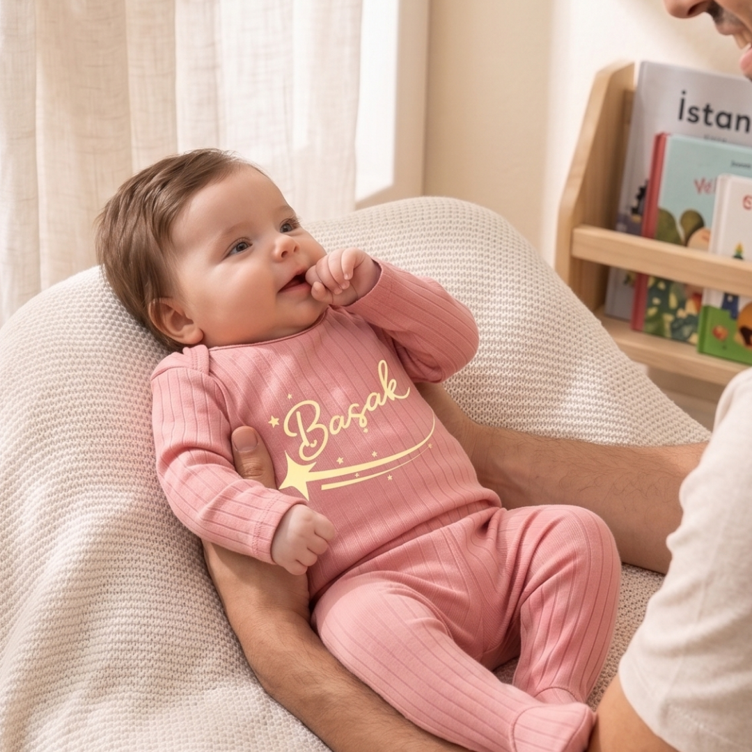 İsimli Kişiye Özel Yenidoğan Hastane Çıkışı 2 li Bebek Takım %100 Pamuk Zıbın ve Pantalon Kız Bebek