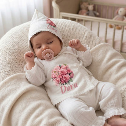 İsimli Kız Bebek Hastane Çıkışı Müslin Set 3 lü