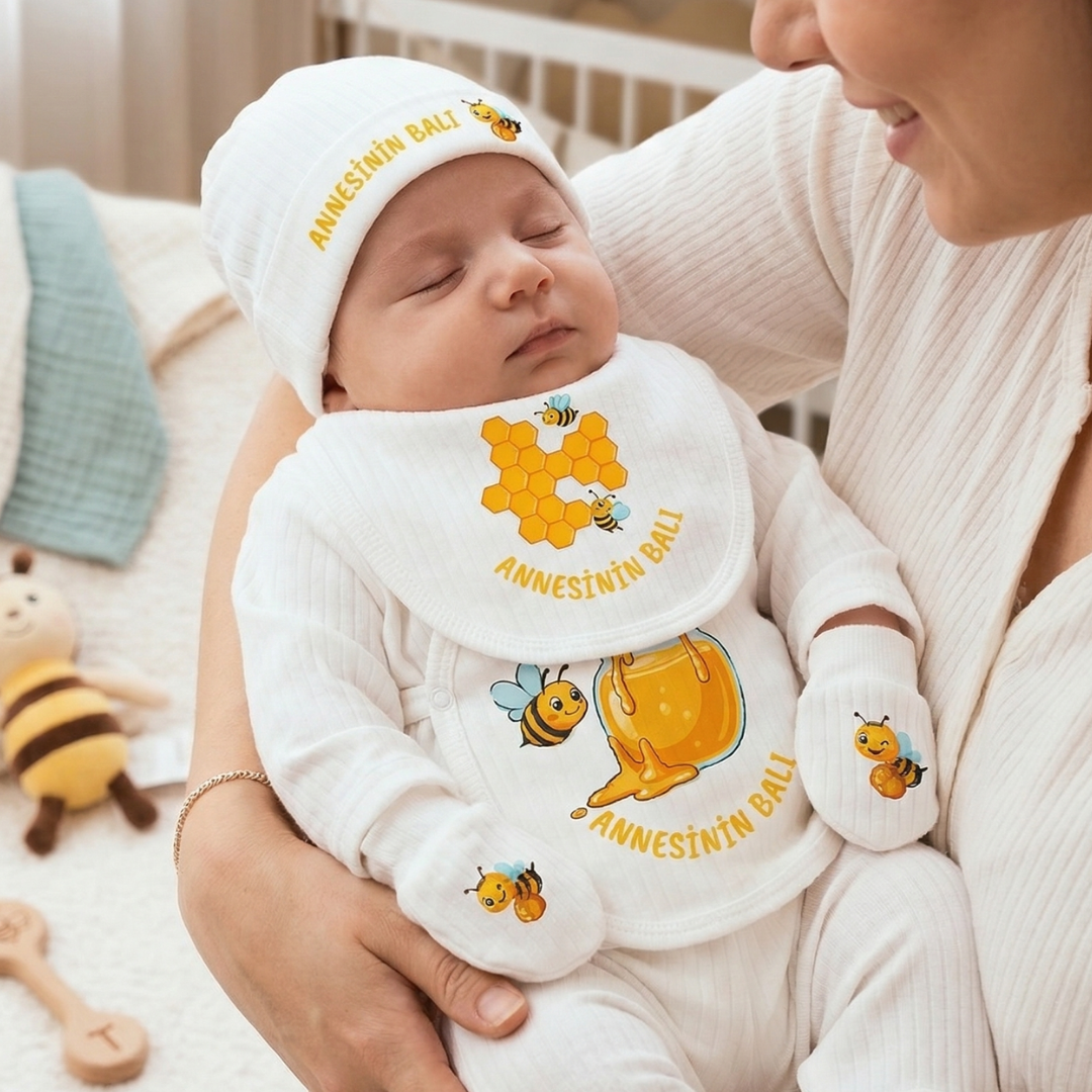 Teyzesinin Balı Yazılı Bebek Hastane Çıkış Seti 5 li Pamuk