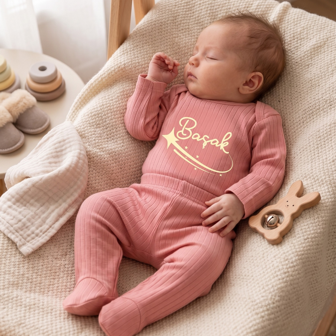 İsimli Kişiye Özel Yenidoğan Hastane Çıkışı 2 li Bebek Takım %100 Pamuk Zıbın ve Pantalon Kız Bebek