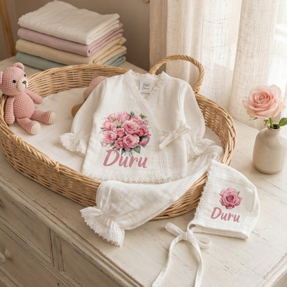 İsimli Kız Bebek Hastane Çıkışı Müslin Set 3 lü