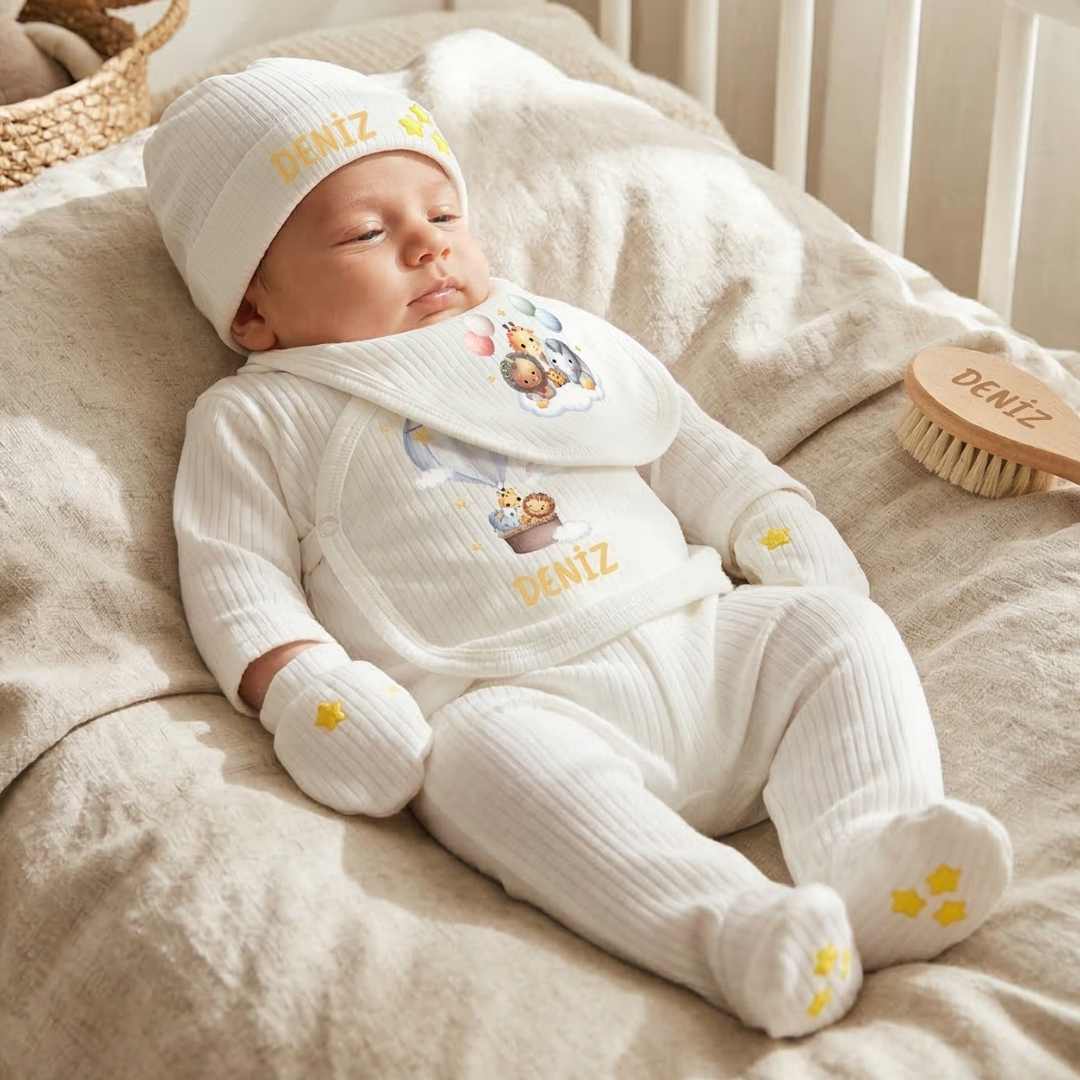 Kişiye Özel İsimli Unisex 5'li Bebek Hastane Çıkış Seti Safari Temalı %100 Pamuk