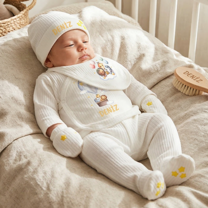 Kişiye Özel İsimli Unisex 5'li Bebek Hastane Çıkış Seti Safari Temalı %100 Pamuk