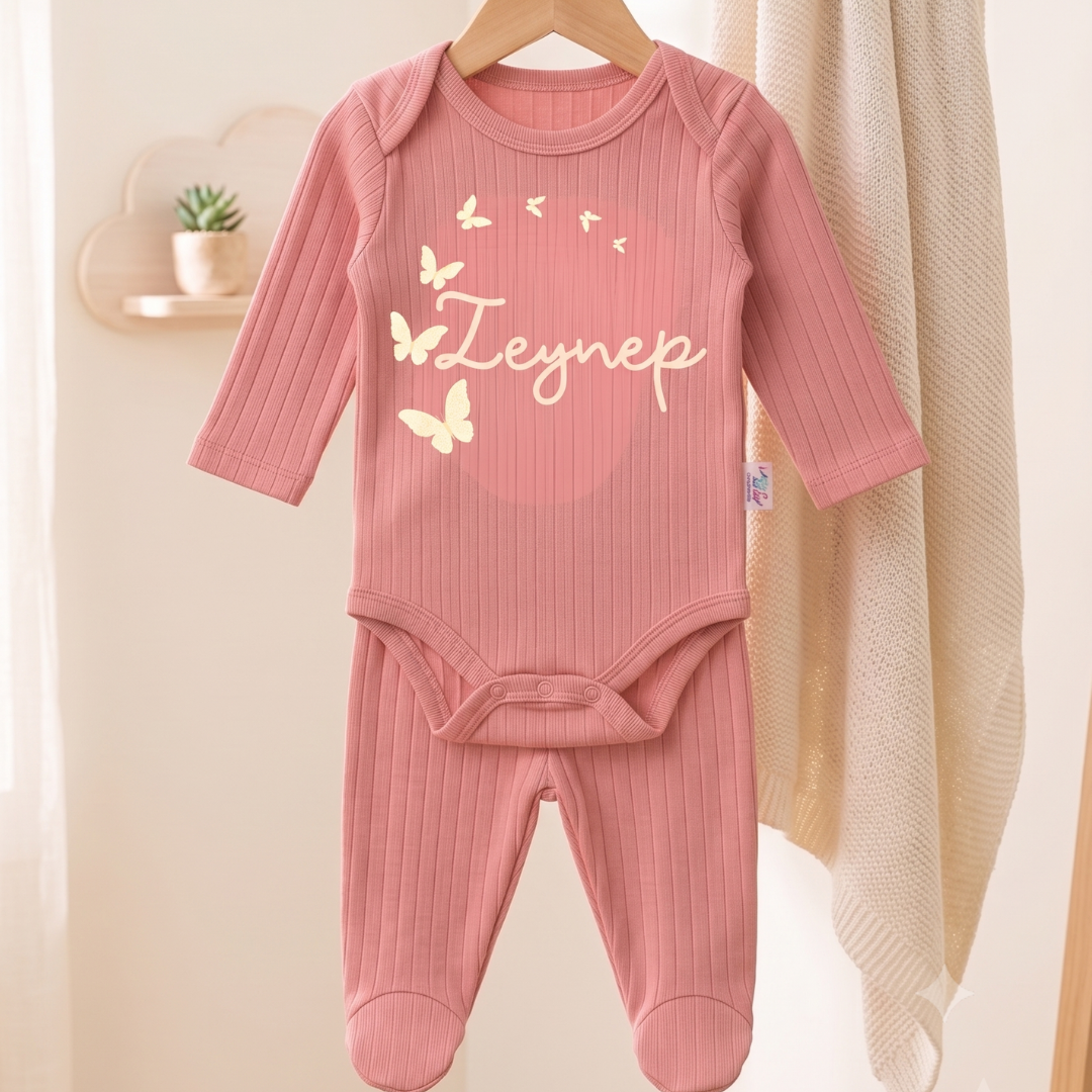 İsimli Kişiye Özel Yenidoğan Hastane Çıkışı 2 li Bebek Takım %100 Pamuk Zıbın ve Pantalon Kız Bebek