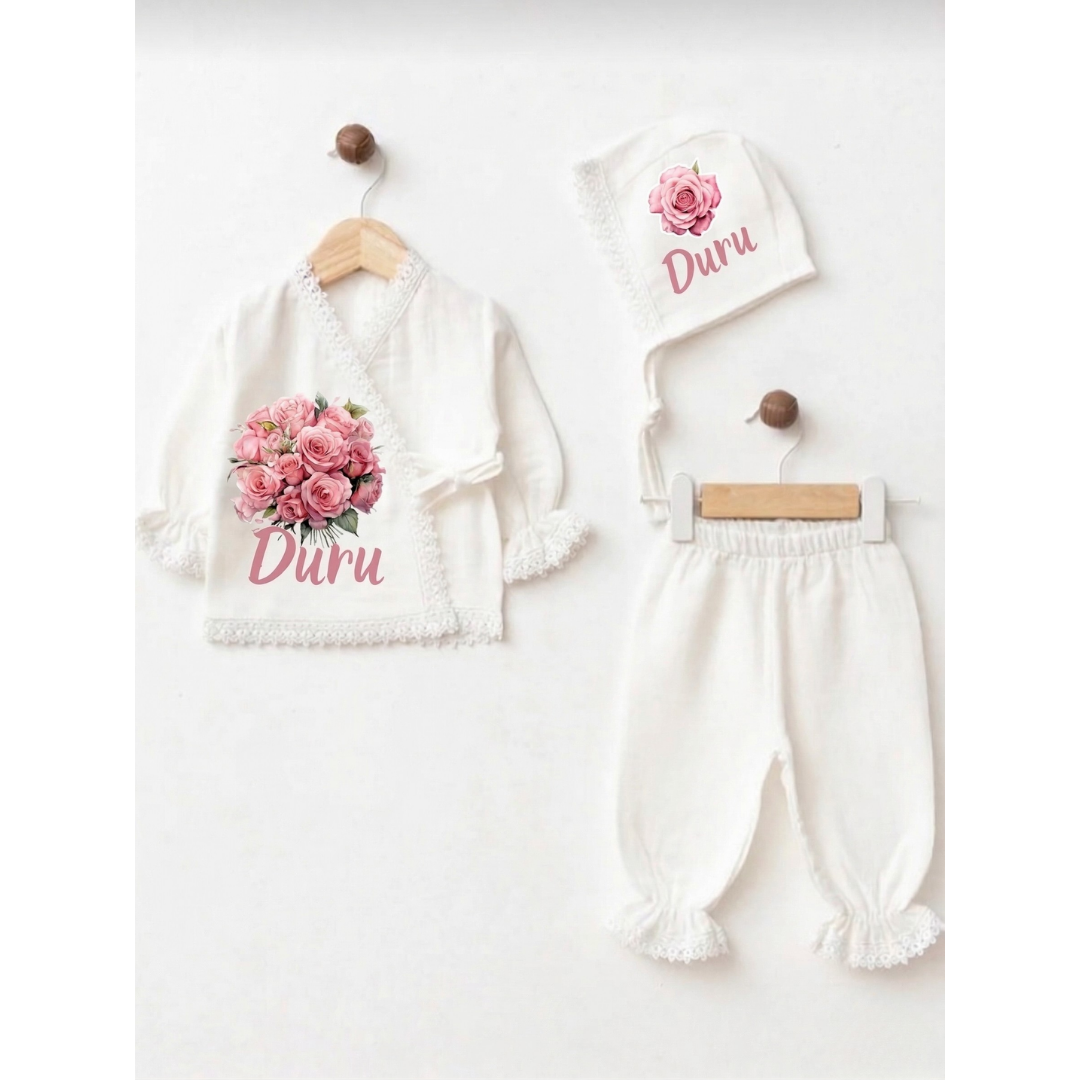 İsimli Kız Bebek Hastane Çıkışı Müslin Set 3 lü