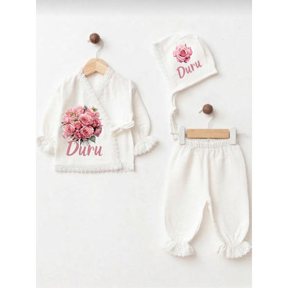 İsimli Kız Bebek Hastane Çıkışı Müslin Set 3 lü