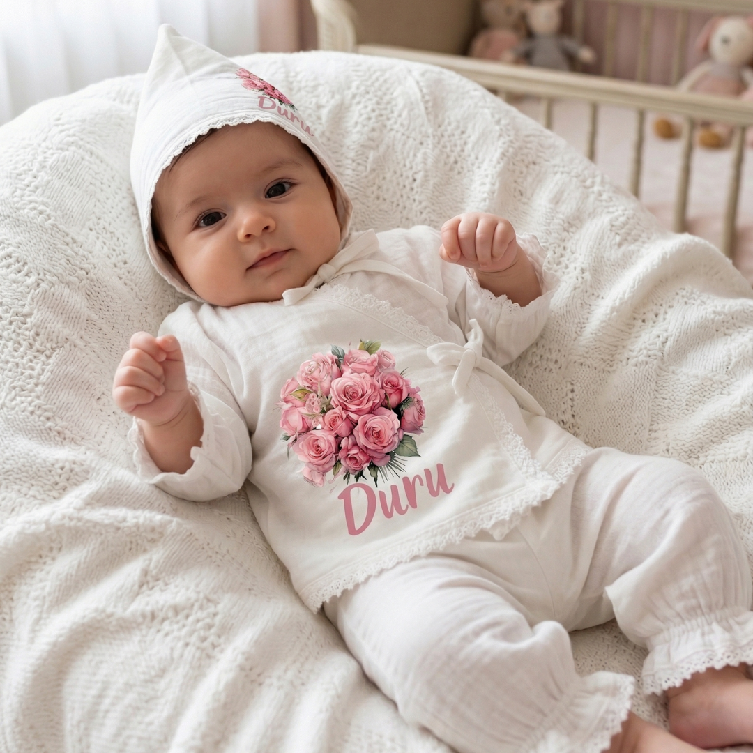 İsimli Kız Bebek Hastane Çıkışı Müslin Set 3 lü