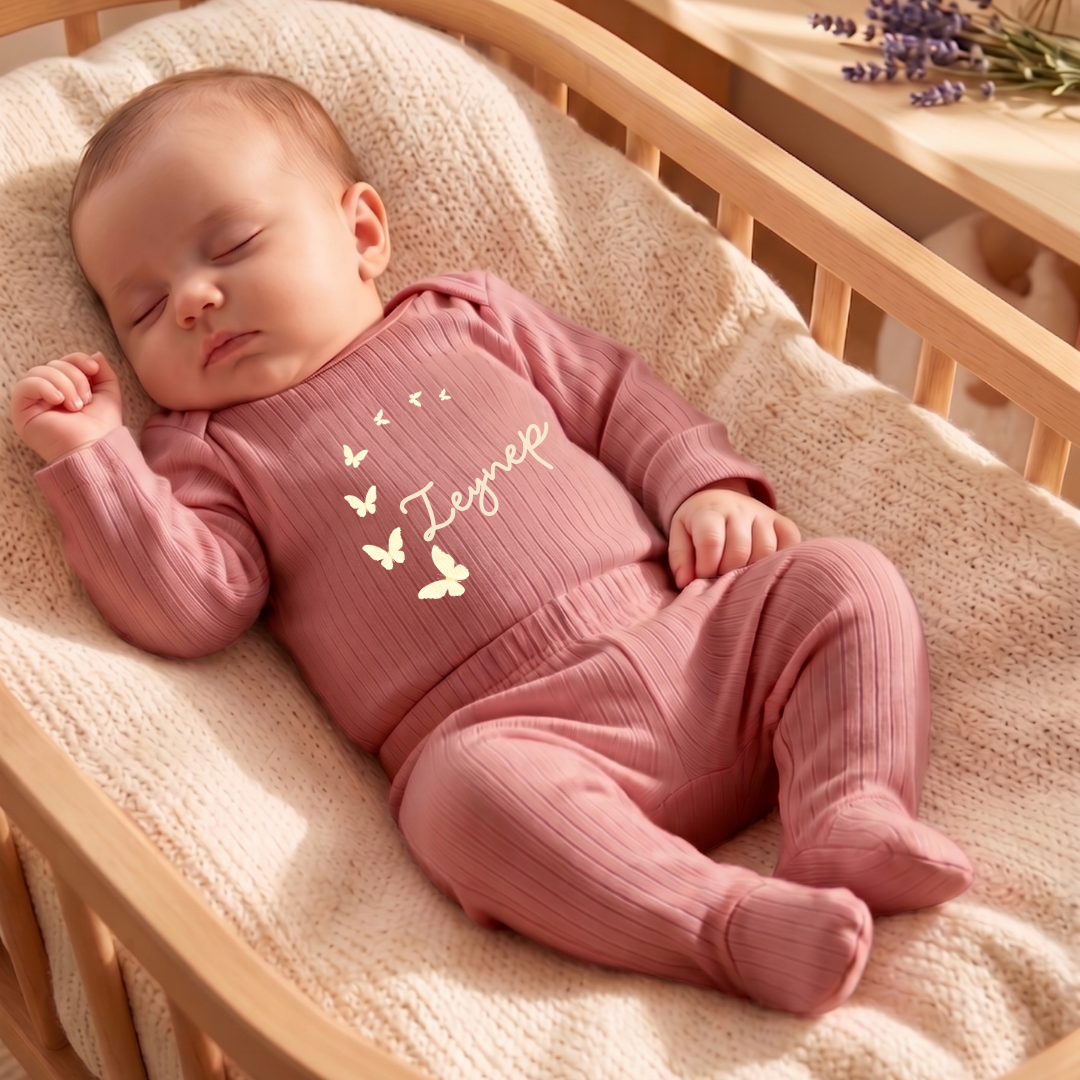 İsimli Kişiye Özel Yenidoğan Hastane Çıkışı 2 li Bebek Takım %100 Pamuk Zıbın ve Pantalon Kız Bebek