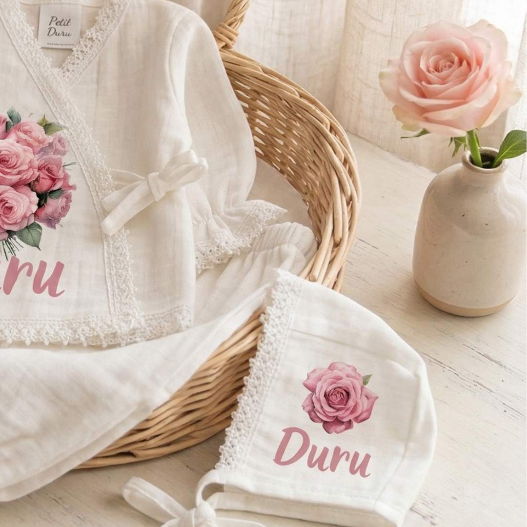 İsimli Kız Bebek Hastane Çıkışı Müslin Set 3 lü