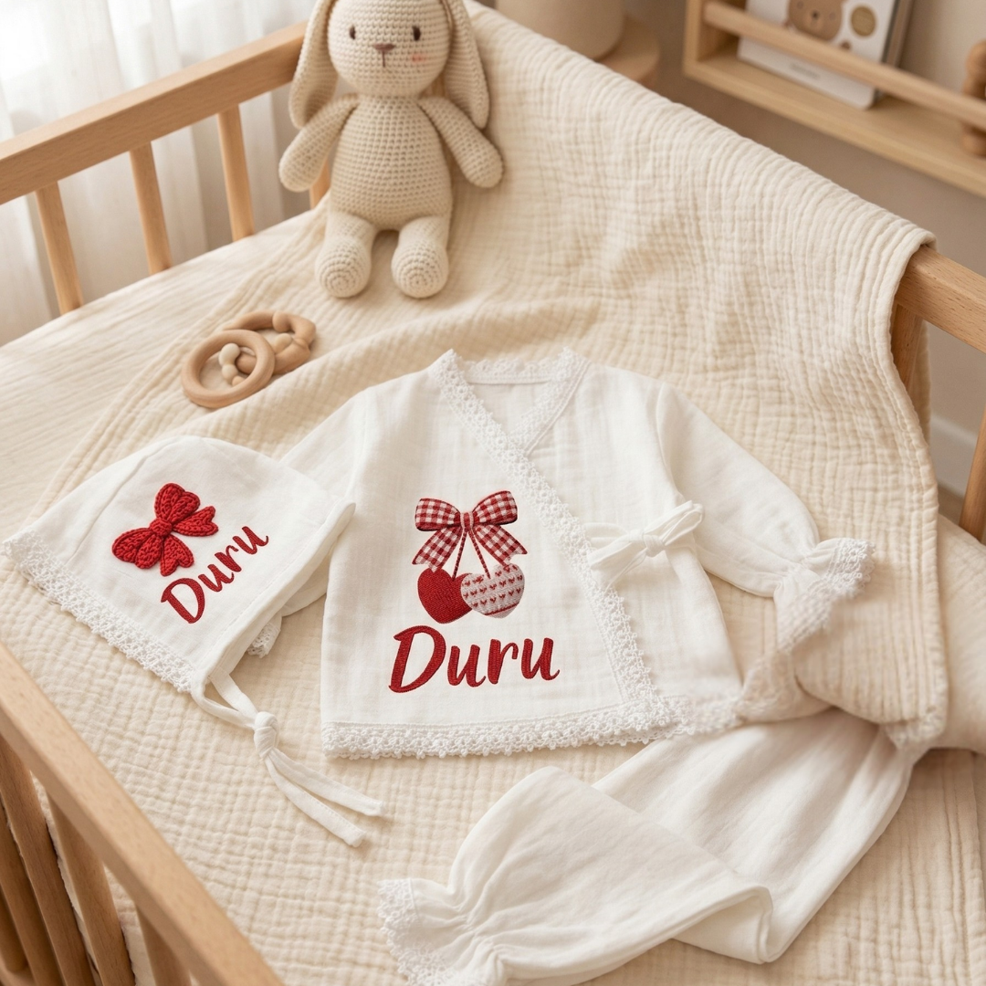 İsimli Kız Bebek Hastane Çıkışı Müslin Set 3 lü
