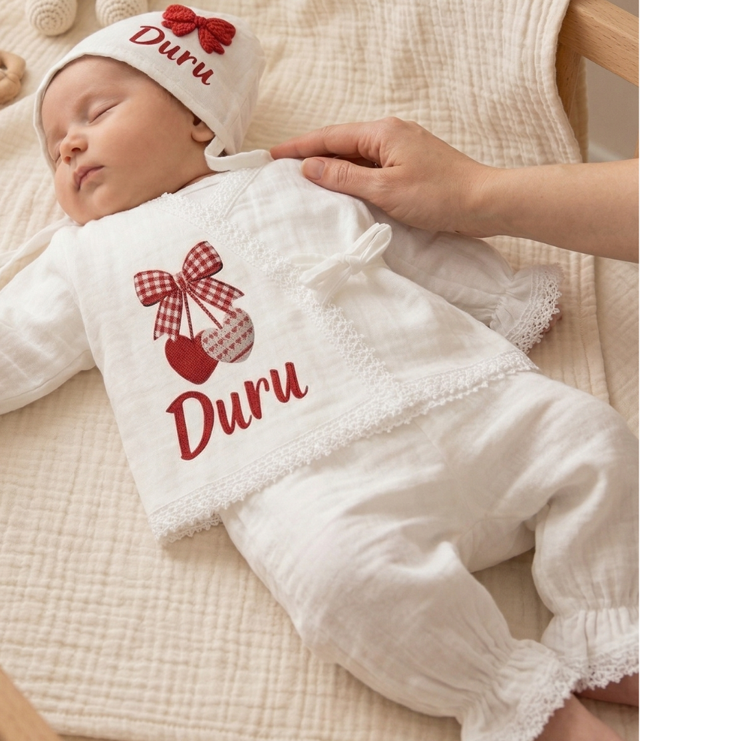 İsimli Kız Bebek Hastane Çıkışı Müslin Set 3 lü