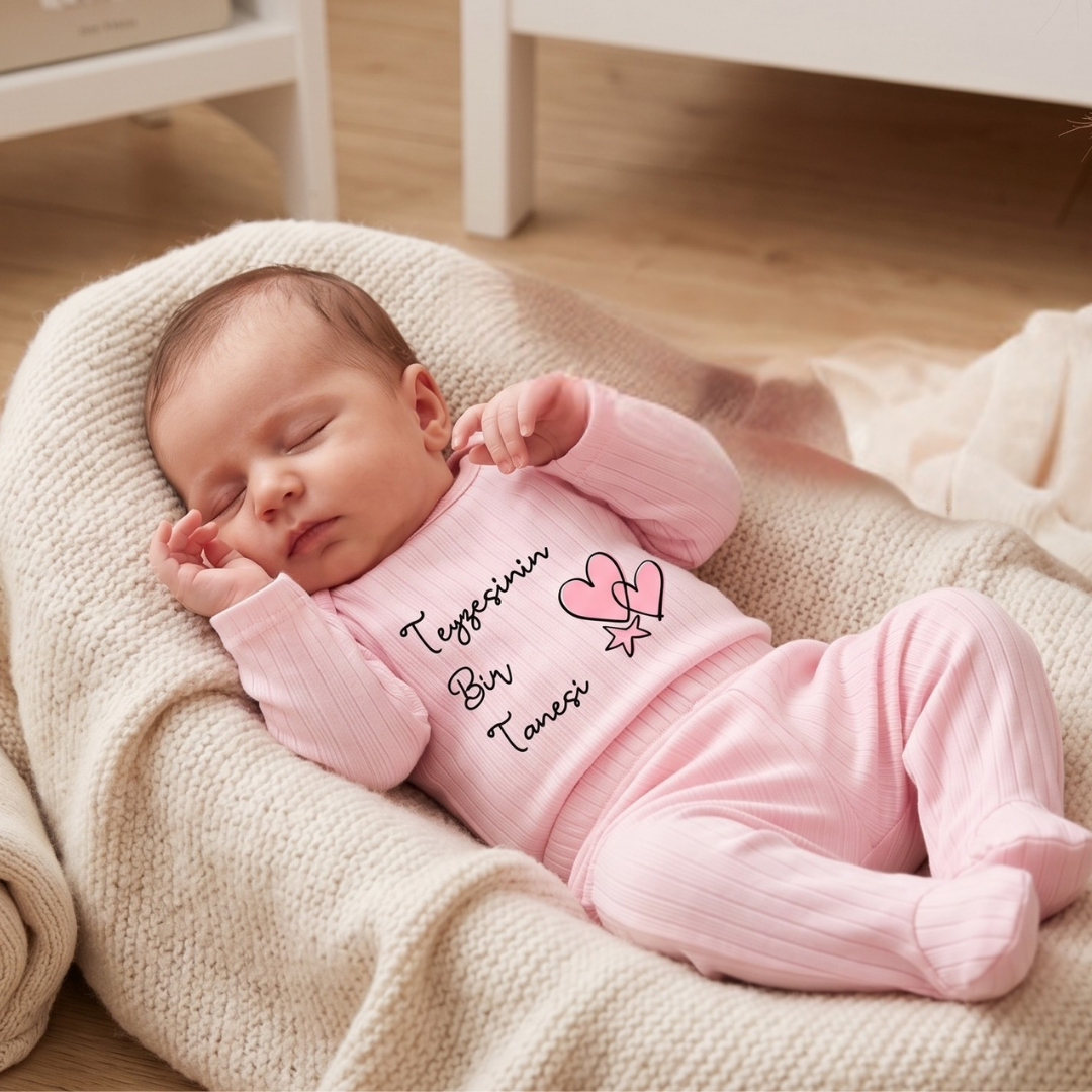 Teyzesinin Bir Tanesi Yazılı Hastane Çıkışı 2 li Bebek Takım Teyze Temalı %100 Pamuk Pembe