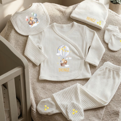 Kişiye Özel İsimli Unisex 5'li Bebek Hastane Çıkış Seti Safari Temalı %100 Pamuk