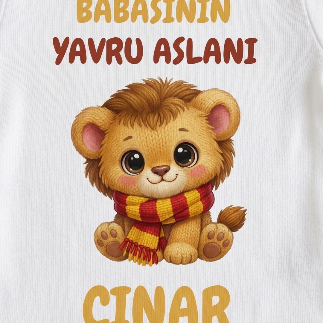 İsimli Babasının Yavru Aslanı Taraftar Temalı Sarı Kırmızı Bebek Body Zıbın
