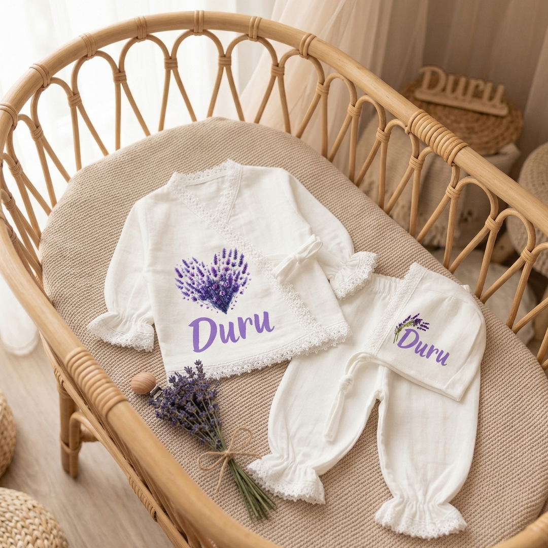 İsimli Kız Bebek Hastane Çıkışı Müslin Set 3 lü